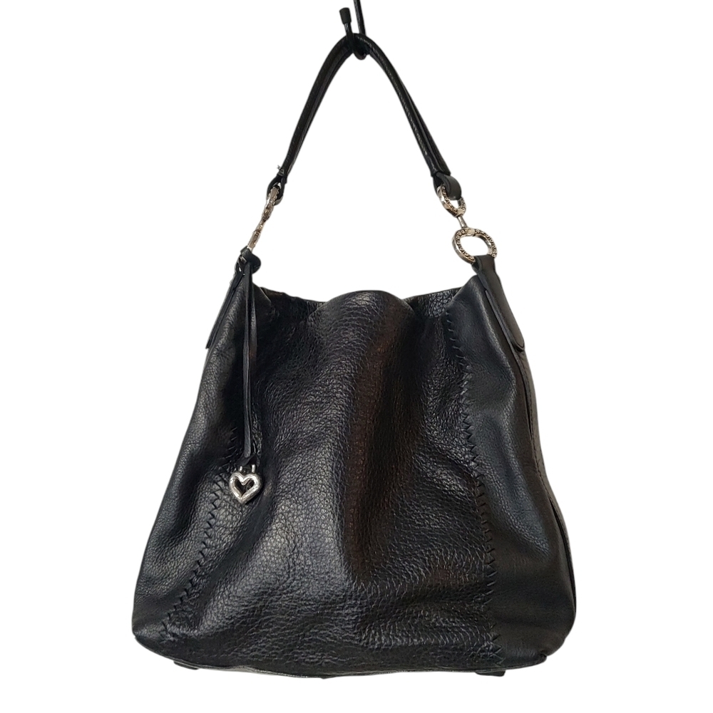 Black Pebbled Leather Brighton Shoulder Hobo Bag With Braided Details